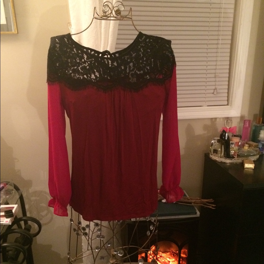 Red top lace detail sheer sleeves